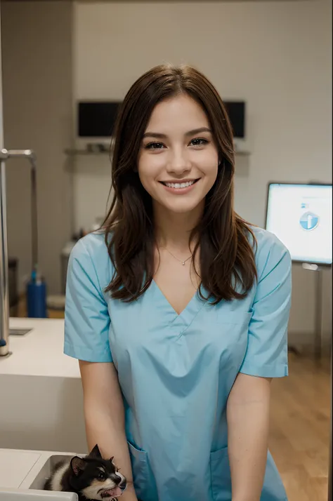 a single beautiful female veterinary technician, smiling