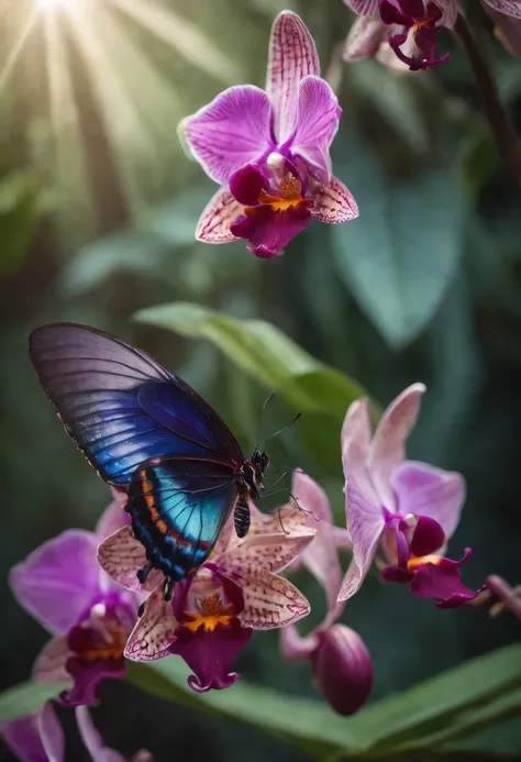 A rare and exquisite jewel-toned butterfly with iridescent wings, its delicate patterns resembling stained glass, perched on a vibrant orchid in a lush rainforest. Sunlight filters through the dense foliage, casting dappled shadows on the scene. The atmosp...