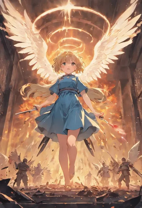 angel of war, demonic, killing someone, looking up, high definition, (masterpiece) angels flying in background, war scene, high destruction, crushed cars, destroyed tanks