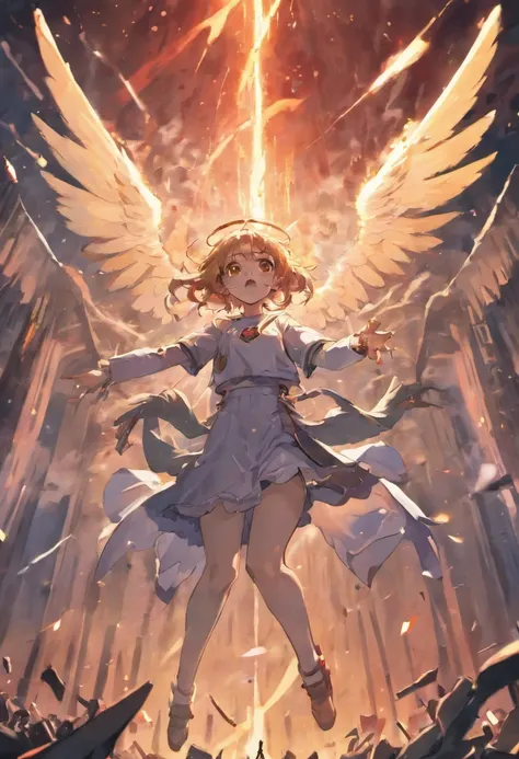 angel of war, demonic, killing someone, looking up, high definition, (masterpiece) angels flying in background, war scene, high destruction, crushed cars, destroyed tanks