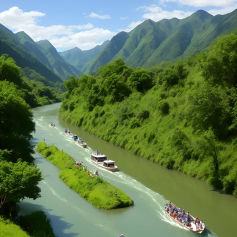 Create a photo of a river running between lush green mountains and a boat full of children sailing on this river.