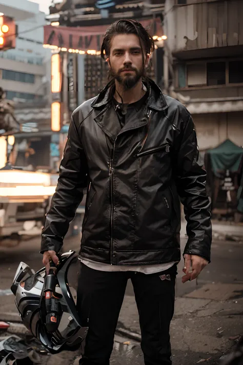 Cyberpunk, handsome boy with beard.and hair