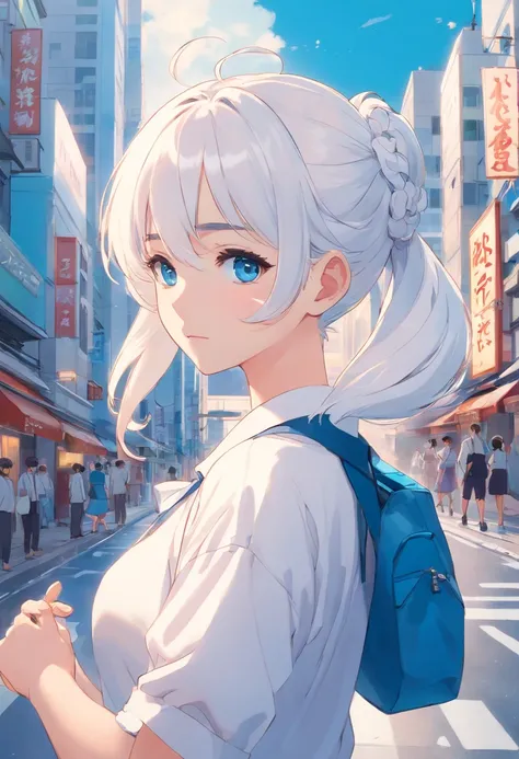 White color hair，Double ponytail curls，blue color eyes，White Lolita，Beth，A bustling city street