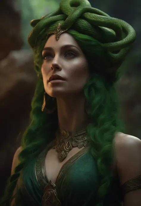 Fantasy creature, female gorgon, medusa, pretty human female face, green hair made of snakes, dark cavern background, view from waist up, cinematic, trending on artstation, Greg Rutkowski, Clyde Caldwell, matte painting, medieval fantasy