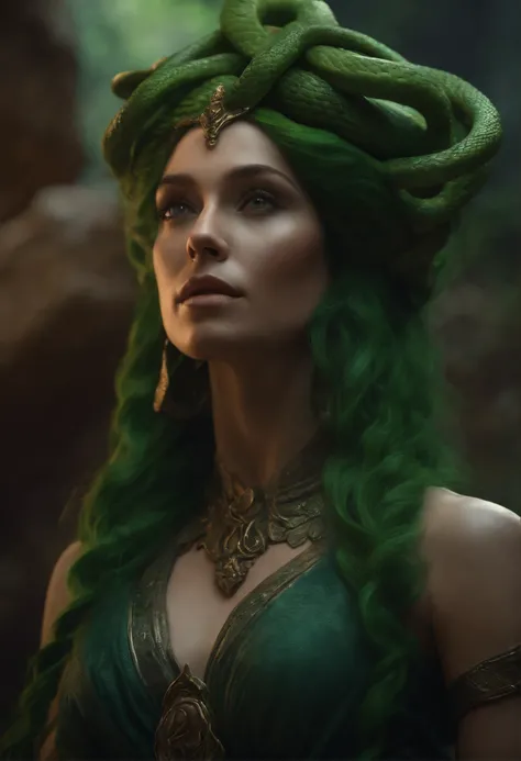 Fantasy creature, female gorgon, medusa, pretty human female face, green hair made of snakes, dark cavern background, view from waist up, cinematic, trending on artstation, Greg Rutkowski, Clyde Caldwell, matte painting, medieval fantasy