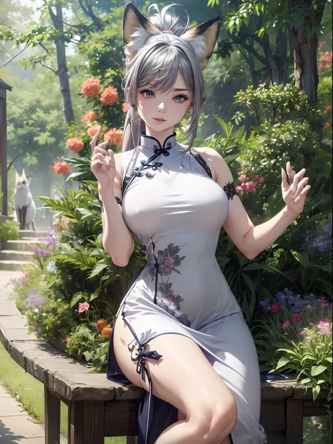 absurderes,(​masterpiece、top-quality、8K ),intricate detailes,ultra-detailliert、1 beautiful pale woman,(silber hair:1.2),((fox ear:1.3)),Long ponytail,Mega Ponytail,(qipao dress:1.3),thighs thighs thighs thighs、long eyelashes,(Beautiful and detailed eyes),G...