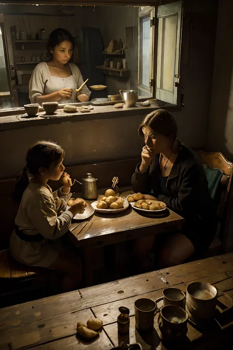 VERY POOR FAMILY, FATHER, MOTHER, 2 CHILDREN, SITTING AT THE TABLE EATING POTATOES, LIGHT FROM ABOVE VAN GOGH STYLE, BARE, SLIGHTLY SMOKY ENVIRONMENT CREATES A SAD ATMOSPHERE, STOVE ON,