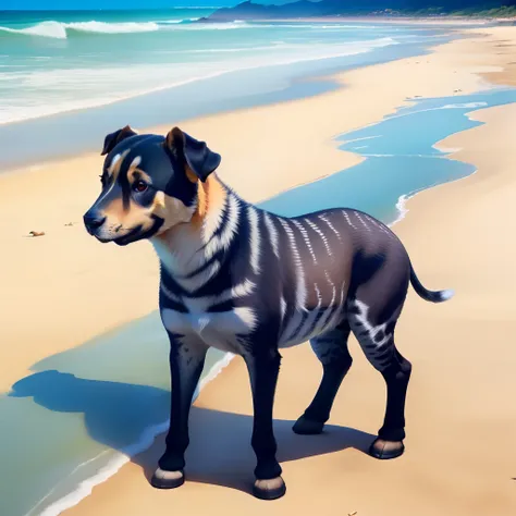 Cachorro mordendo o pescoco de uma girafa na praia