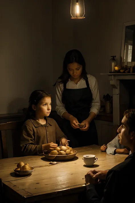 VERY POOR FAMILY, FATHER, MOTHER, 2 CHILDREN, SITTING AT THE TABLE EATING POTATOES, LIGHT FROM ABOVE VAN GOGH STYLE, BARE, SLIGHTLY SMOKY ENVIRONMENT CREATES A SAD ATMOSPHERE, STOVE ON,