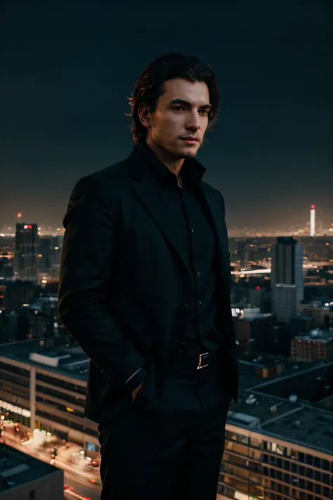 Stylized portrait of an entrepreneur against a city skyline, with dramatic lighting and a futuristic look