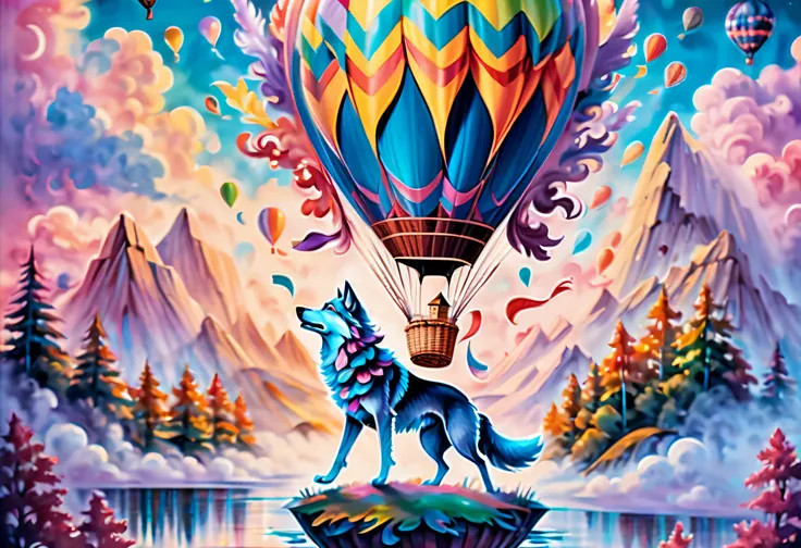 creative and dynamic illustration of a pie taking flight, (crust and filling swirling and morphing into a hot air balloon with a touch of surrealism and fantasy:1.2), vibrant and colorful rich colors, (((sense of whimsy and wonder, floating above a picture...