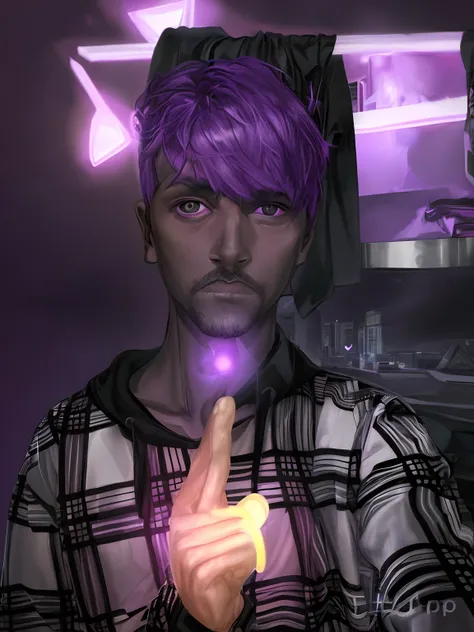 Man with purple glowing  orb , with black huddy