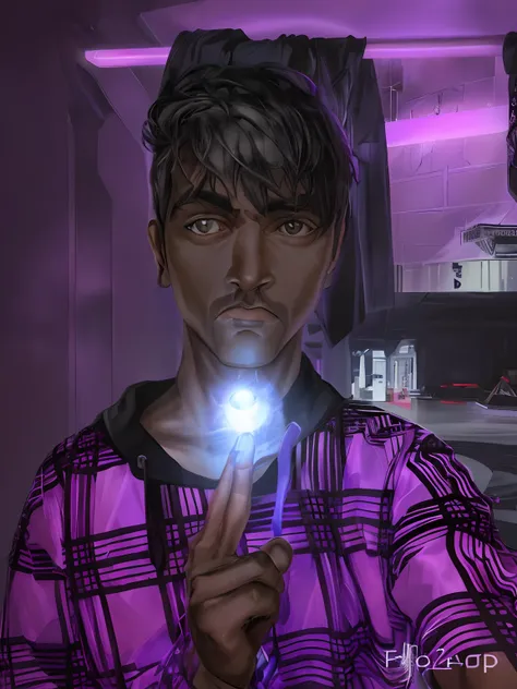 Man with purple glowing  orb , with black huddy