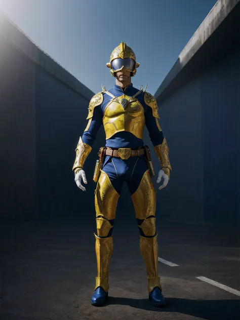 full body of a high elf sci fi soldier wearing heavy sci fi elven armor, navy blue and yellow and white armor and helmet, visor, boots, male, holding a light machine gun, colorfull vibrant,Very bright, Raw,Maximum texture,Maximum illumination,Brightly lit ...