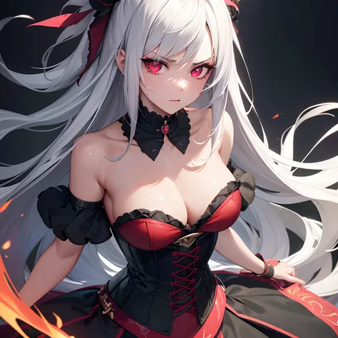 masterpiece, high quality, ultra-detailed, 8k, 1girl, half white hair, half black hair, multicolored hair, long hair , looking at viewer, red glowing eyes, red corset, strapless corset (school background:1.15), brilliant colorful paintings, bloom, portrait...