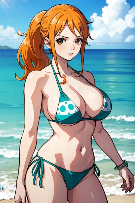 Nami from One Piece, long orange ponytail hair, beautiful brown eyes, blushing cheeks, wearing a vibrant bikini, enjoying a sunny day at the beach. The art style should resemble a captivating anime style.

For the image quality, please prioritize (best qua...