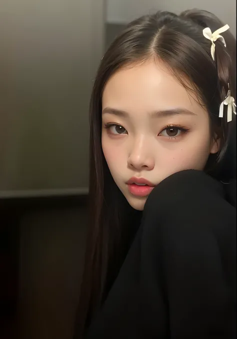 um close up de uma mulher com uma jaqueta preta e uma flor branca no cabelo, jennie blackpink, Retrato de Jossi de Blackpink, wan adorable korean face, maquiagem sul-coreana popular, Portrait of female Korean idol, jossi do blackpink, Artista coreano, youn...