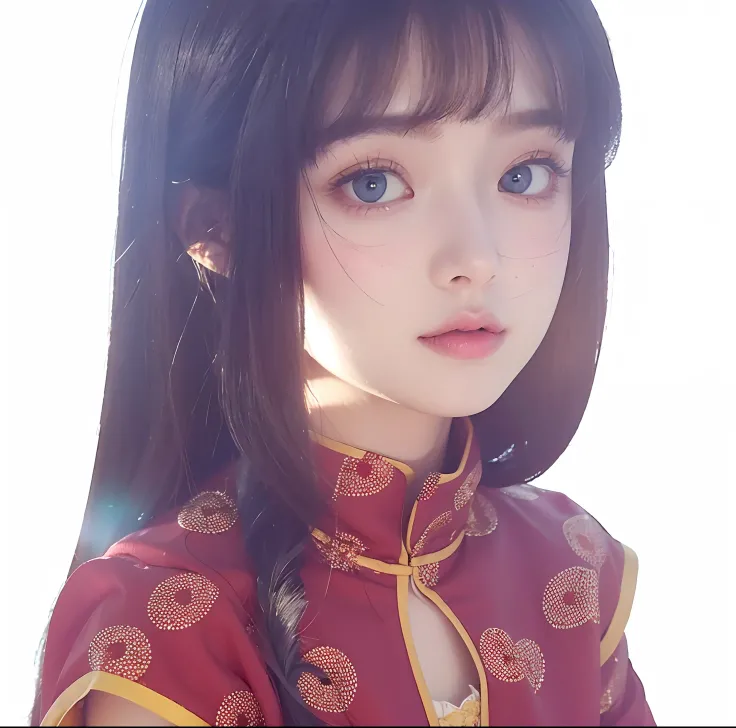 A girl with long hair, blue eyes, realistic cute and beautiful face, realistic Korean face, realistic facial lines, realistic light, realistic shadows, realistic red, yellow clothes Change the background to a realistic forest