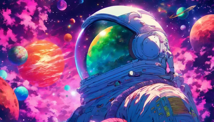 HD details, Close-up of a man in a spacesuit, planets in the background, psychedelic cosmic horror, psychedelic illustrations, cosmic space, plants growing, The world of psychosis, Background space graphic art, Cosmic illustration, cosmic space, cosmic lsd...