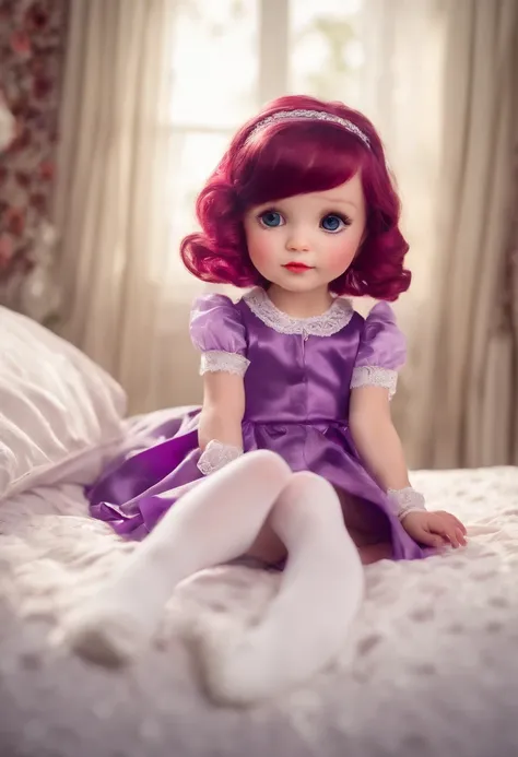 A little girl，on top of the bed，Wearing white stockings，purple dress，maroon hair，extremely cute