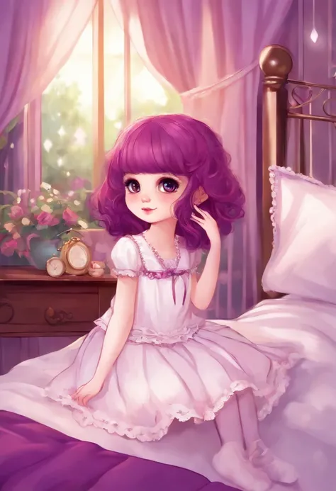 A little girl，on top of the bed，Wearing white stockings，purple dress，maroon hair，extremely cute