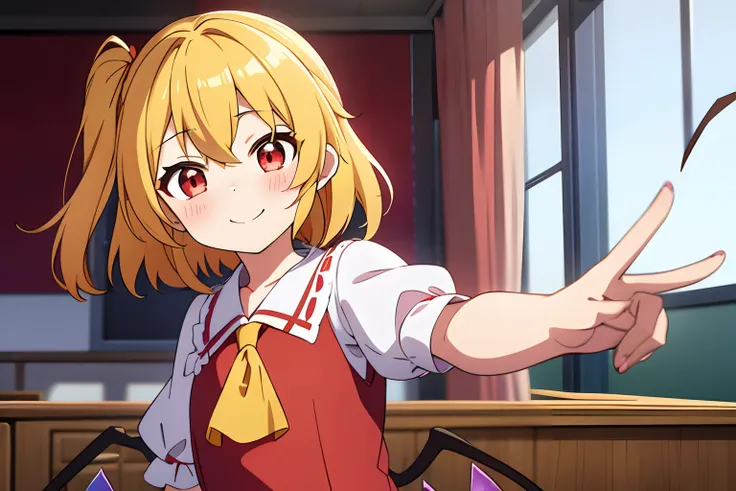 Anime style、Best Quality, 1girl in, Solo, （Flandre Scarlett staring at camera）、From upper body up、is standing、 a smile、blushed face、beautiful countenance、Eye Highlights、Petite、Red eyes、bright yellow hair in the side tail,、shortsleeves、childish、‎Classroom