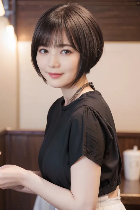 55
(a 20 yo woman), (A hyper-realistic), (Masterpiece), (Short bob cut:1.46), kindly smile