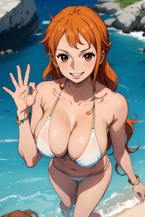 Nami, cleavage, Deep brown eyes, topless, covering breast with her hands, spa, wet body, medium breasts, four fingers and 1 thumb, portrait, big ass, Full body, ((2 hands)), standing, Orange hair, Beautiful smile, Smiling at viewer, blushing cheeks,