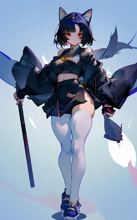 dog ears, cropped shoulders,white knee-length stockings，superskirt，perfect body figure，medium boob，jacket