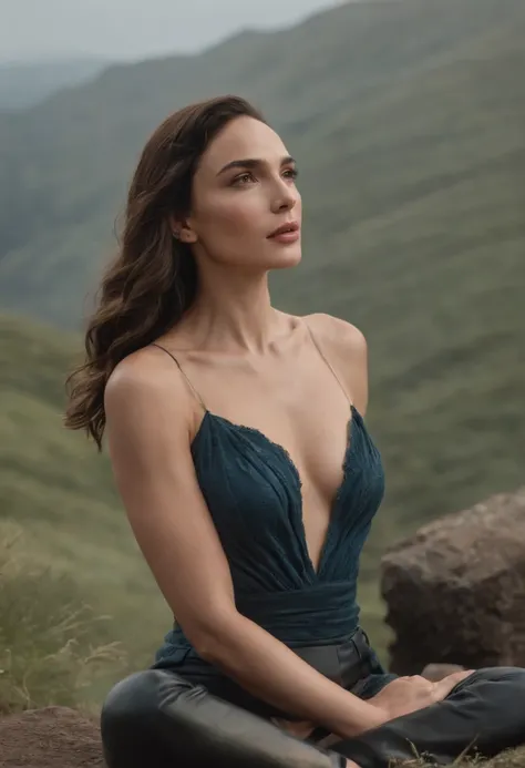 Crie uma imagem de Gal gadot meditando em uma paisagem deslumbrante, This art needs to have fantastic lighting.