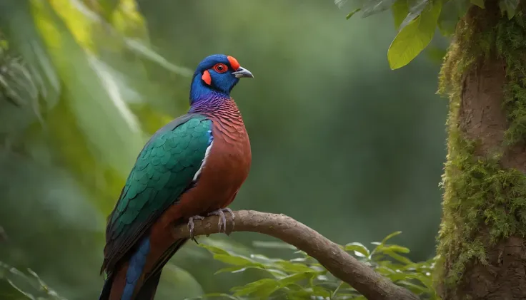 A magnificent Black-naped pheasant-pigeon perched on a lush tree branch, its feathers displaying iridescent hues of blue and green, catching the sunlight in a mesmerizing manner. The birds regal stance exudes confidence and elegance, with its distinctive b...