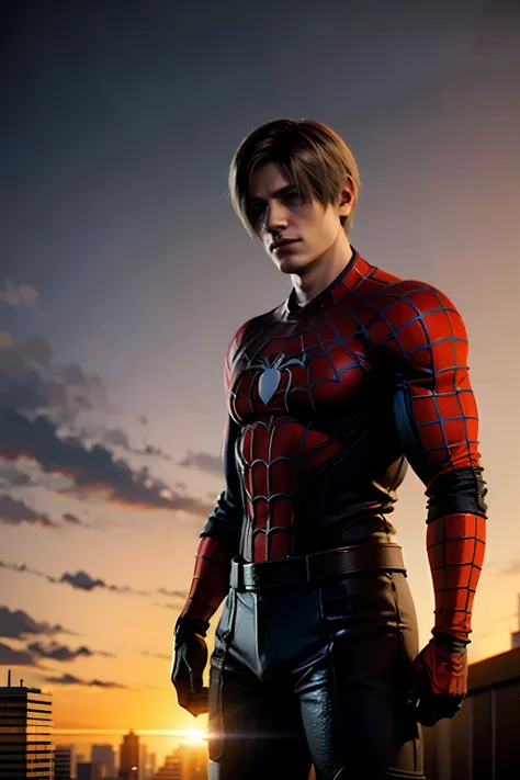 1 boy, cowboy, shot by re4leon, Leon S. Kennedy from the movie "Resident Evil 4",spider-man costume, removes spider-man mask,stands on the roof of a building, hair curtain, sports car