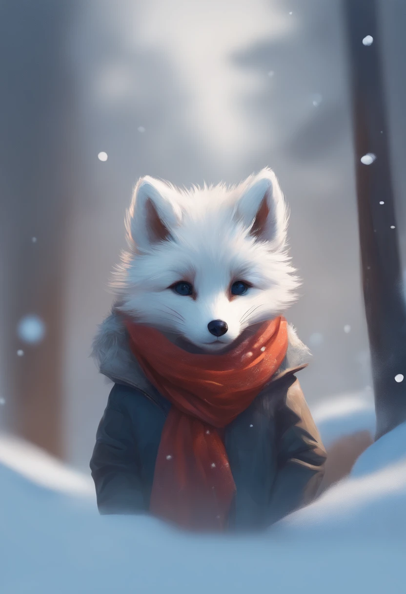 Style-NebMagic, portrait of Ismail Inceoglu, Gazelli, James jean, Anton Fadeev and Yoshitaka Amano, a fluffy cute Arctic fox wearing a Style-SylvaMagic scarf in the snow, very detailed, 8k resolution, digital art, trending on artstation, Vibrant Colours, C...