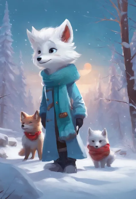 Style-NebMagic, portrait of Ismail Inceoglu, Gazelli, James jean, Anton Fadeev and Yoshitaka Amano, a fluffy cute Arctic fox wearing a Style-SylvaMagic scarf in the snow, very detailed, 8k resolution, digital art, trending on artstation, Vibrant Colours, C...