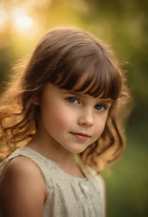 7 year old girl with brown hair and shoulder length with bangs.  light freckles.  Love nature.