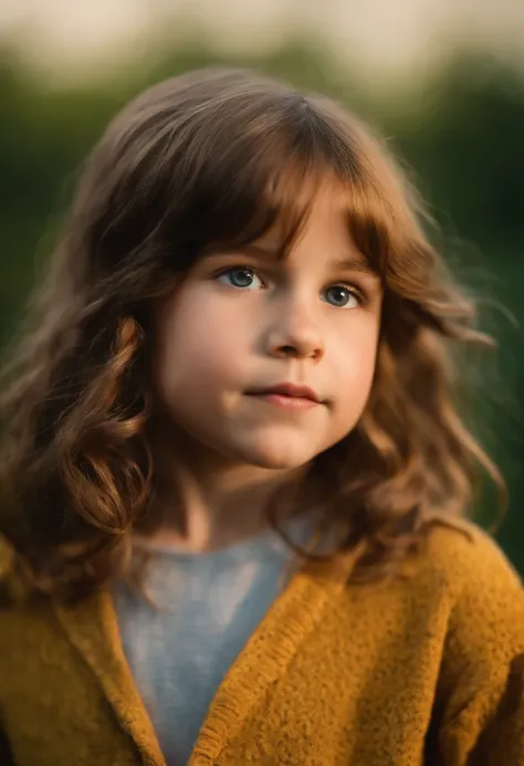 7 year old girl with brown hair and shoulder length with bangs.  light freckles.  Love nature.