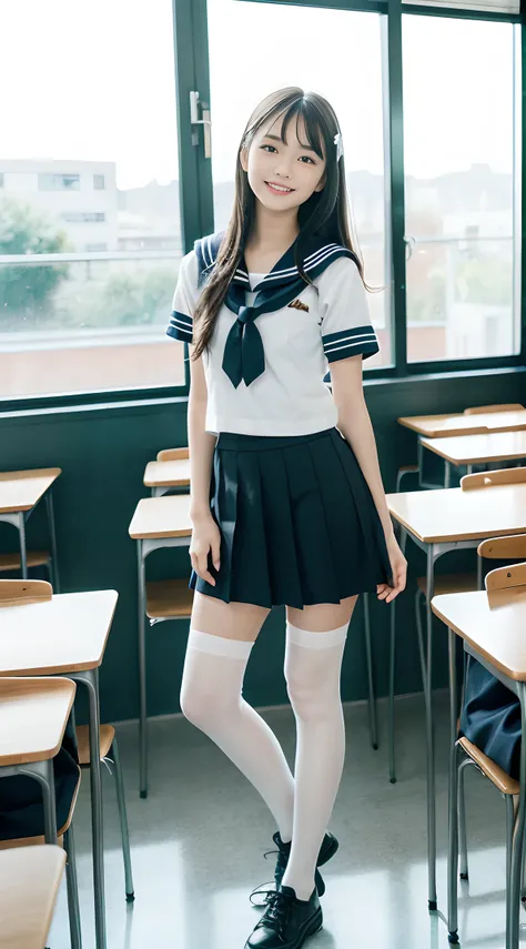 1girl, Cute, Black-haired, 14 years old, Smile, Looks pure, sailor suit, Photography, Realistic, Best Quality, Detailed face, Full body, slender, Slender legs, Long legs, Wearing thigh-high socks, shoes on, School, classroom