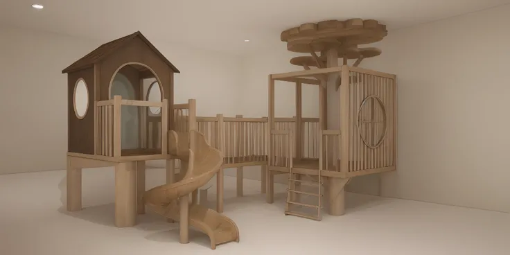 slide house, childrens play area, wood color is the main color, harmonious, luxurious and eye-catching colors