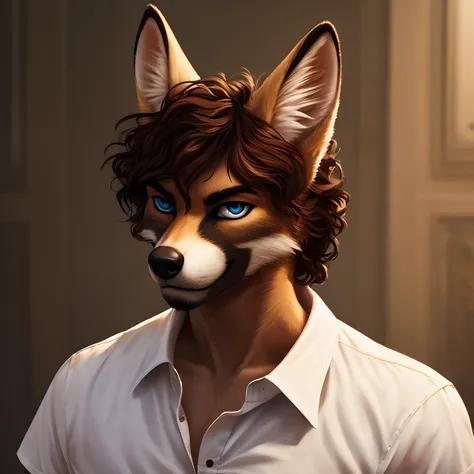 smirking, sexy handsome male, bat eared fox, blue eyes, full dark red curly hair, wearing light blue jeans, wearing short sleeved white dress shirt, wearing black chelsea boots, 8k, film grain, masterpiece quality, semi realistic, high detail