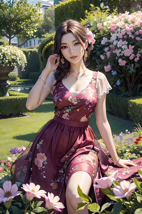 a picture of a beautiful lady in a vibrant garden, surrounded by blooming flowers, embodying the spirit of natural beauty