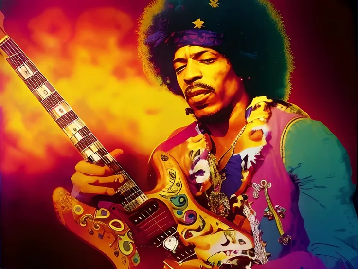 arafed colorful image of a man playing a guitar on stage, jimi hendrix playing guitar, jimi hendrix, jimi hendrix full body shot, jimi hendrix full body, the rock and roll emperor, jimi hendrix style poster, inside jimmy hendrix, may 6 8, concert photograp...