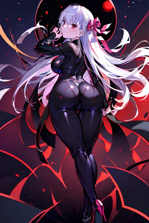 Carefully draw the face　High-quality faces in anime style　Shiny black full body suit　Black High Heels　Red lines all over the body　a blond　huge tit　Big ass　Whip thighs　seductiv　a smile　succubus　Rear view