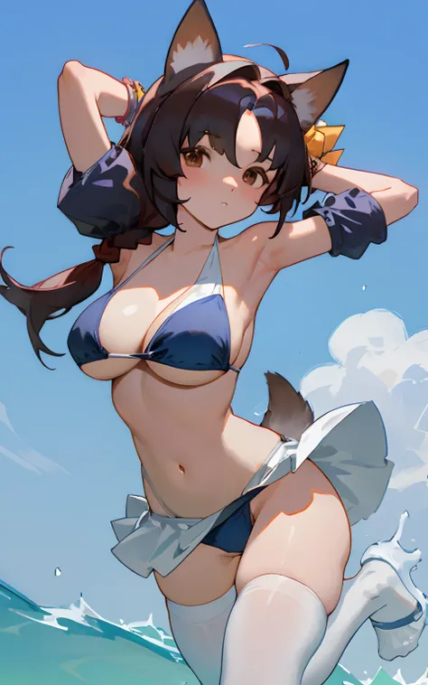 Dog ears, cropped shoulders,White knee-length stockings，perfect body figure，medium boob，Arm leakage，Show your arms，（（Bikini swimsuit）），middle parted hairstyle，