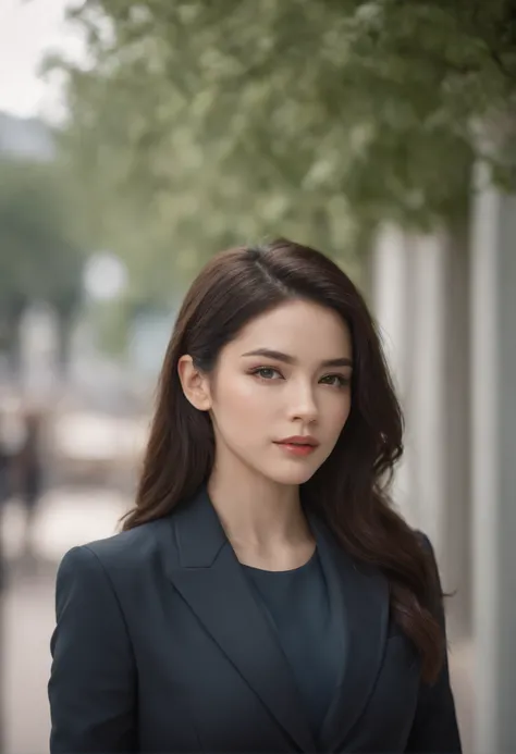 (highres,photorealistic:1.2),black-haired,young woman in tailored suit,subtle background,ultra-fine detail style,high-quality image,35mm f/5.6