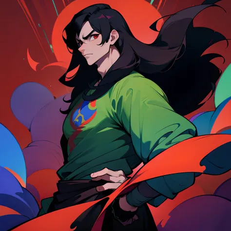 1 boy, solo, dark hair, black hair, long hair, red eyes, shirt, Lightweight clothing, looking at viewer, man, colorful magic wrap, rich color, detail, stunning characters, strong man