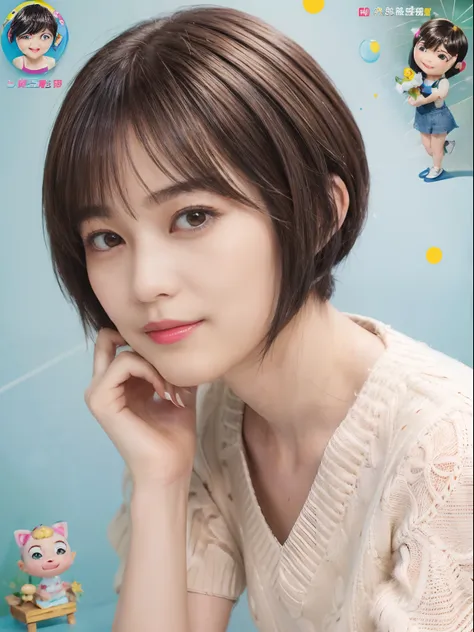 56
(a 20 yo woman), (A hyper-realistic), (Masterpiece), (Short bob cut:1.46), Hairstyle with visible ears, (medium chest), kindly smile, (Graphics printed with cartoon characters a sweat)