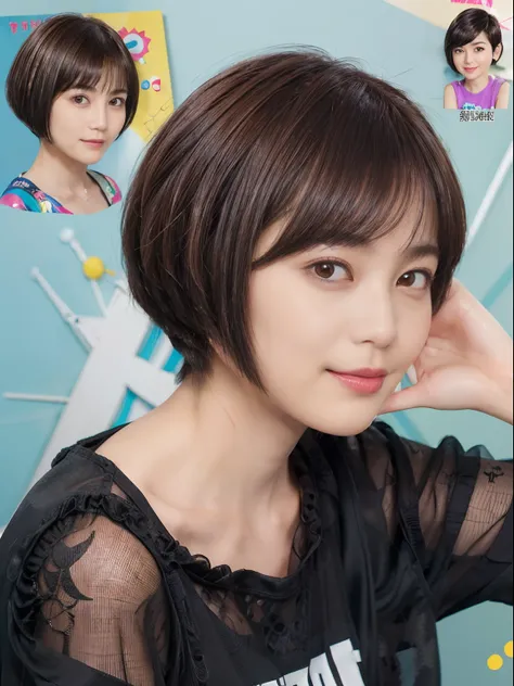 56
(a 20 yo woman), (A hyper-realistic), (Masterpiece), (Short bob cut:1.46), Hairstyle with visible ears, (medium chest), kindly smile, (Graphics printed with cartoon characters a sweat)