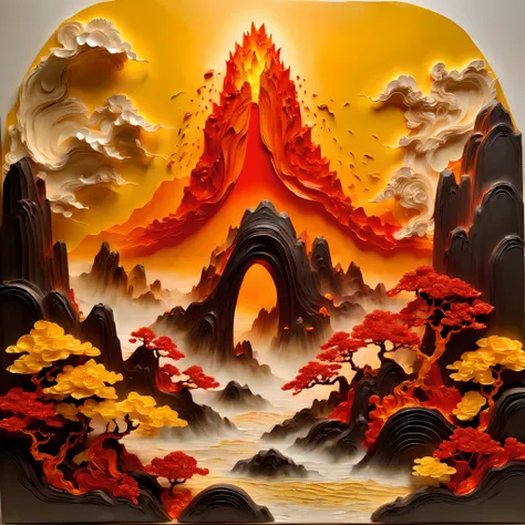 (Masterpiece, High quality, Best quality, offcial art, Beauty and aesthetics: 1.2), (The volcano erupts red magma),Surrounded by yellow rocks, Splash spray, (Chinese landscape paper carving, Chinese landscape painting of the Song Dynasty: 1.2), (Surrealist...