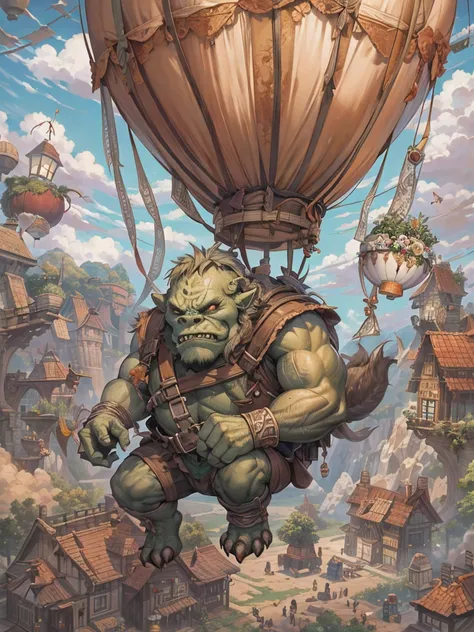 an orc monster is sleeping and it is hold up on the sky by hot air balloon