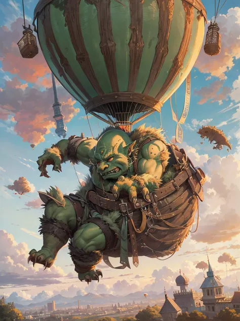 an orc monster is sleeping and it is hold up on the sky by hot air balloon